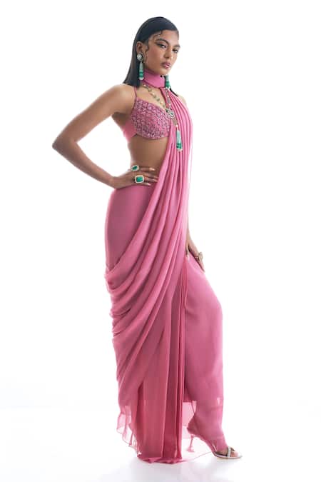 Damoiselle Pink Cotton, Georgette, Lycra, Net Floral Beaded Blouse And Pre-draped Saree Online at Aza Fashions Damoiselle_Pink Cotton, Georgette, Lycra, Net Floral Beaded Blouse And Pre-draped Saree _Online_at_Aza_Fashions