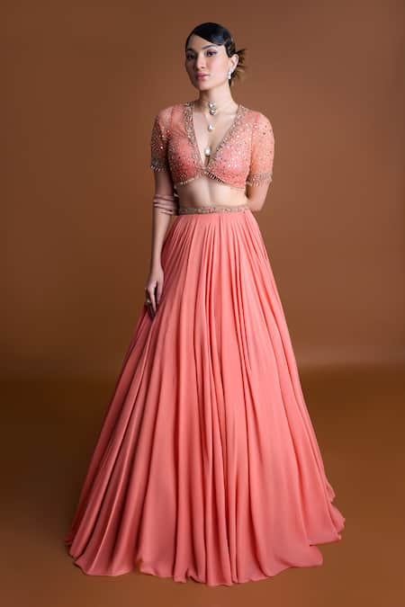 Damoiselle Apricot Affair Embroidered Blouse & Lehenga Set 