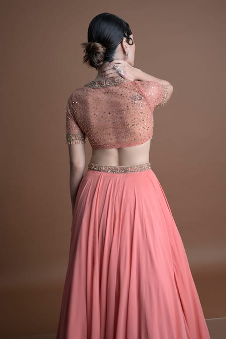 Damoiselle Peach Floral Embroidered Blouse & Lehenga Set 