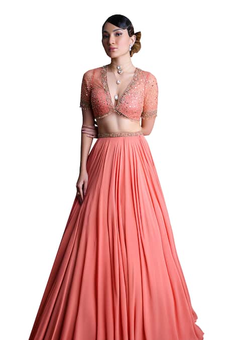 Shop_Damoiselle_Peach Georgette Sequins, Beads V-neck Floral Embroidered Blouse And Lehenga Set _Online_at_Aza_Fashions
