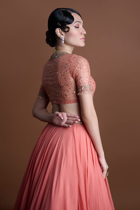 Damoiselle_Peach Georgette Sequins, Beads V-neck Floral Embroidered Blouse And Lehenga Set _at_Aza_Fashions