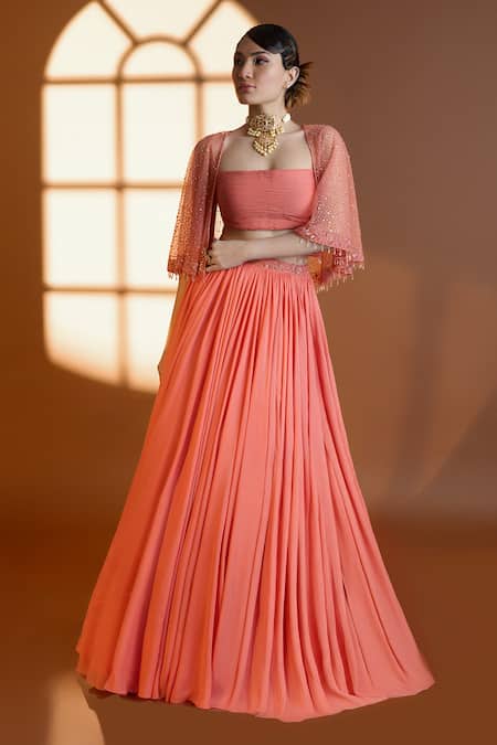 Damoiselle_Peach Georgette Beads, Sequins Square Neck Floral Embroidered Cape And Lehenga Set _Online_at_Aza_Fashions