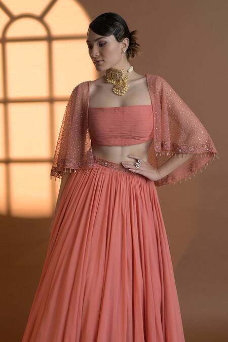 Buy_Damoiselle_Peach Georgette Beads, Sequins Square Neck Floral Embroidered Cape And Lehenga Set _Online_at_Aza_Fashions