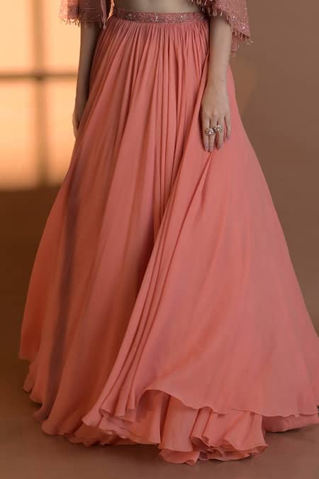 Damoiselle_Peach Georgette Beads, Sequins Square Neck Floral Embroidered Cape And Lehenga Set _at_Aza_Fashions