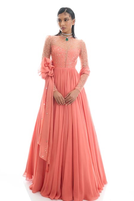 Damoiselle Peach Georgette Net Hand Embroidery Sunburnt Glamour Anarkali With Dupatta 