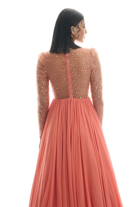 Damoiselle Peach Sequined Anarkali Set With Dupatta 