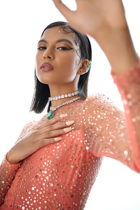 Damoiselle Peach Georgette, Net Sequins Round Neck Anarkali Set With Dupatta Online at Aza Fashions Damoiselle_Peach Georgette, Net Sequins Round Neck Anarkali Set With Dupatta _Online_at_Aza_Fashions