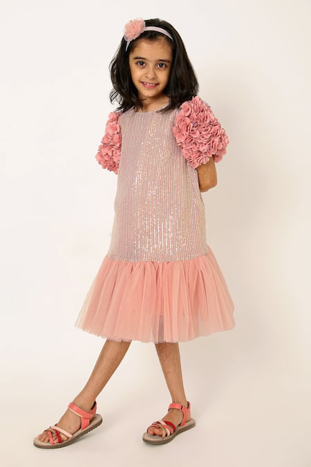 A Little Fable Peach 100% Polyester Embellished Sequin Mermaid Sparkle Dress 