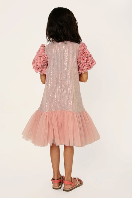 Shop_A Little Fable_Peach Polyester, Cotton Sequins Mermaid Sparkle Embellished Dress _at_Aza_Fashions