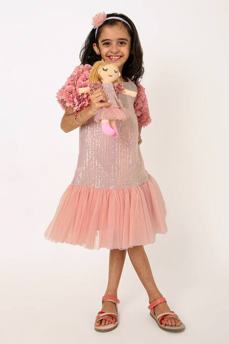 A Little Fable_Peach Polyester, Cotton Sequins Mermaid Sparkle Embellished Dress _Online_at_Aza_Fashions