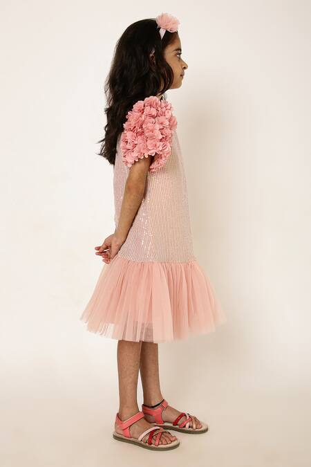 Buy_A Little Fable_Peach Polyester, Cotton Sequins Mermaid Sparkle Embellished Dress _Online_at_Aza_Fashions