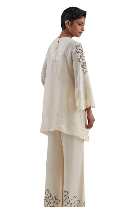 One Not Two Off White Kaftan Crushed Silk Hand Embroidered Sequins Round And Pant Set Online at Aza Fashions One Not Two_Off White Kaftan Crushed Silk Hand Embroidered Sequins Round And Pant Set _Online_at_Aza_Fashions