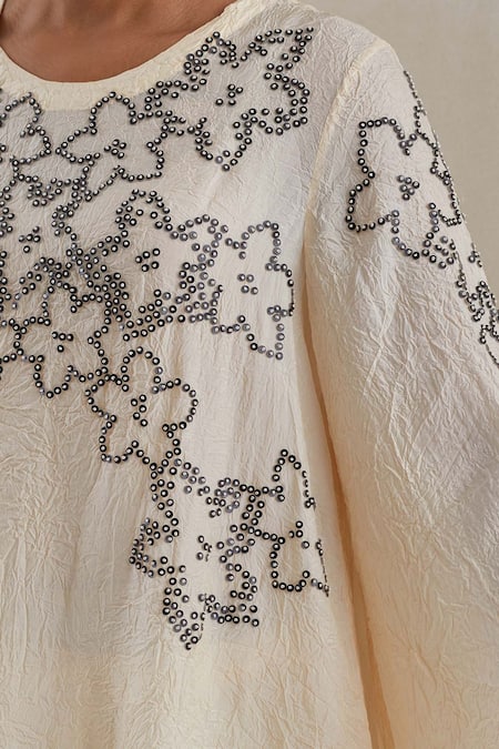 Shop One Not Two Off White Kaftan Crushed Silk Hand Embroidered Sequins Round And Pant Set Online at Aza Fashions Shop_One Not Two_Off White Kaftan Crushed Silk Hand Embroidered Sequins Round And Pant Set _Online_at_Aza_Fashions