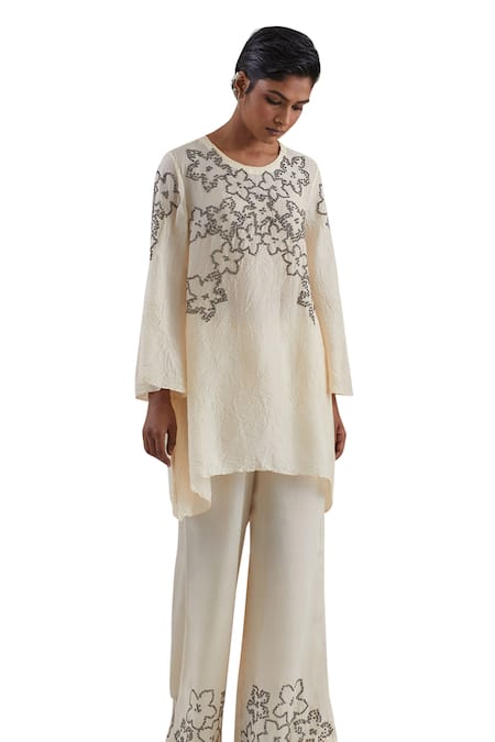 Buy One Not Two Off White Kaftan Crushed Silk Hand Embroidered Sequins Round And Pant Set Buy_One Not Two_Off White Kaftan Crushed Silk Hand Embroidered Sequins Round And Pant Set