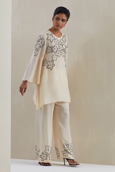 Shop One Not Two Off White Kaftan Crushed Silk Hand Embroidered Sequins Round And Pant Set Shop_One Not Two_Off White Kaftan Crushed Silk Hand Embroidered Sequins Round And Pant Set