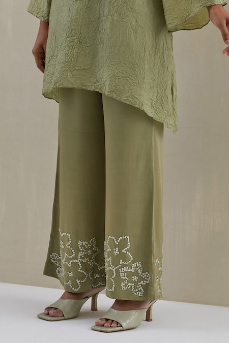 One Not Two_Green Kaftan Crushed Silk Hand Embroidered Sequins Round And Pant Set _Online_at_Aza_Fashions
