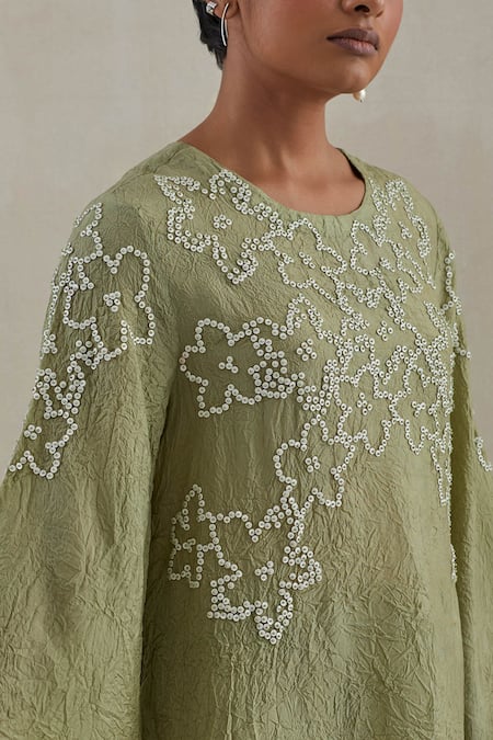 Buy_One Not Two_Green Kaftan Crushed Silk Hand Embroidered Sequins Round And Pant Set _Online_at_Aza_Fashions