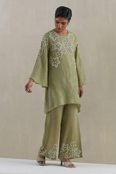 Shop_One Not Two_Green Kaftan Crushed Silk Hand Embroidered Sequins Round And Pant Set _Online_at_Aza_Fashions