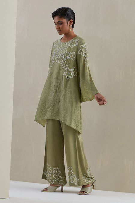 One Not Two_Green Kaftan Crushed Silk Hand Embroidered Sequins Round And Pant Set _at_Aza_Fashions