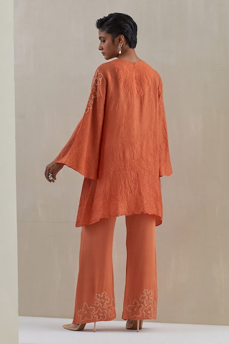 Shop One Not Two Orange Kaftan Crushed Silk Hand Embroidered Sequins Round And Pant Set at Aza Fashions Shop_One Not Two_Orange Kaftan Crushed Silk Hand Embroidered Sequins Round And Pant Set _at_Aza_Fashions