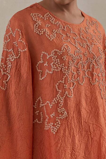 Buy One Not Two Orange Kaftan Crushed Silk Hand Embroidered Sequins Round And Pant Set Online at Aza Fashions Buy_One Not Two_Orange Kaftan Crushed Silk Hand Embroidered Sequins Round And Pant Set _Online_at_Aza_Fashions