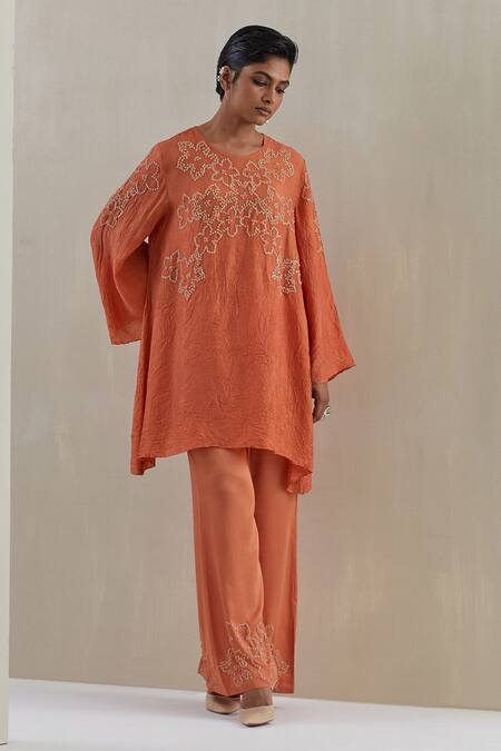 Shop One Not Two Orange Kaftan Crushed Silk Hand Embroidered Sequins Round And Pant Set Online at Aza Fashions Shop_One Not Two_Orange Kaftan Crushed Silk Hand Embroidered Sequins Round And Pant Set _Online_at_Aza_Fashions