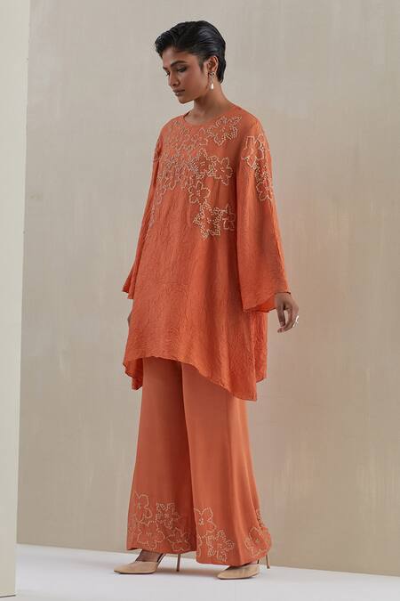 One Not Two Orange Kaftan Crushed Silk Hand Embroidered Sequins Round And Pant Set at Aza Fashions One Not Two_Orange Kaftan Crushed Silk Hand Embroidered Sequins Round And Pant Set _at_Aza_Fashions