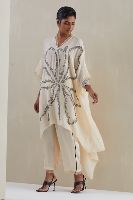 One Not Two Flower Hand Embroidered Kaftan With Pant 