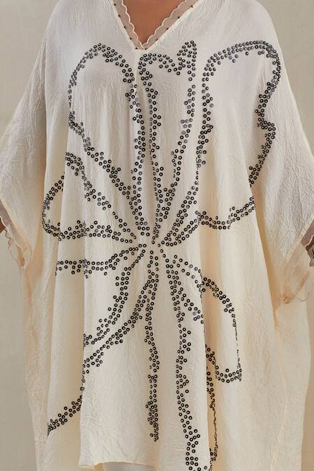One Not Two_Off White Kaftan Crushed Silk Hand Embroidered Flower V-neck And Pant Set _Online_at_Aza_Fashions