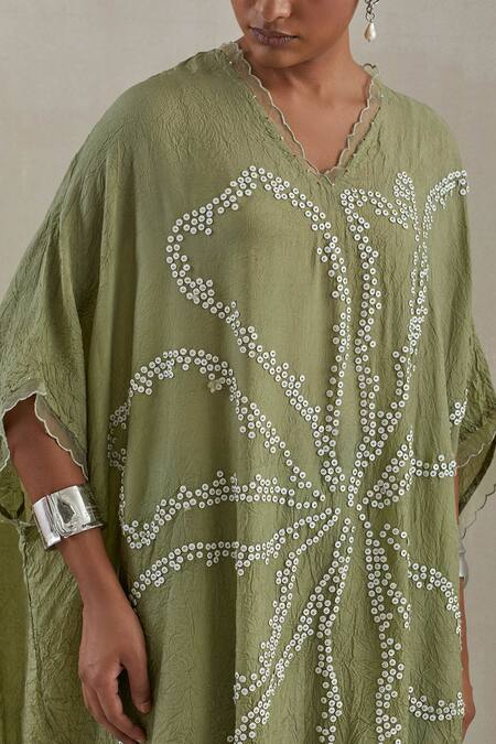 One Not Two_Green Kaftan Crushed Silk Hand Embroidered Flower V-neck And Pant Set _at_Aza_Fashions