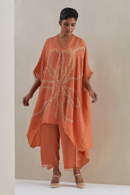 One Not Two Orange Kaftan Crushed Silk Hand Embroidered Flower V-neck And Flared Pant Set 