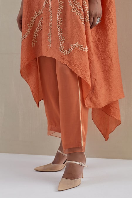 One Not Two_Orange Kaftan Crushed Silk Hand Embroidered Flower V-neck Set _Online_at_Aza_Fashions