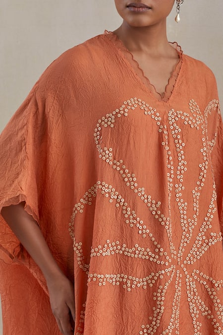 Buy_One Not Two_Orange Kaftan Crushed Silk Hand Embroidered Flower V-neck Set _Online_at_Aza_Fashions