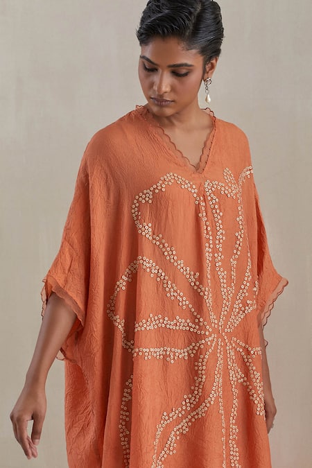 Shop_One Not Two_Orange Kaftan Crushed Silk Hand Embroidered Flower V-neck Set _Online_at_Aza_Fashions