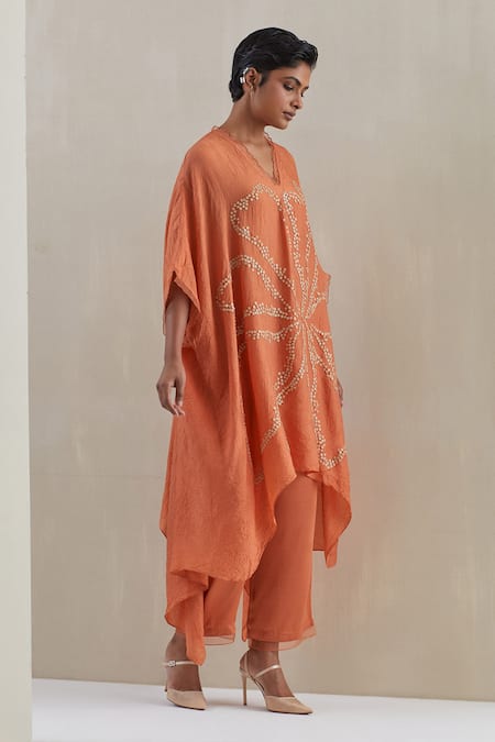 One Not Two_Orange Kaftan Crushed Silk Hand Embroidered Flower V-neck Set _at_Aza_Fashions