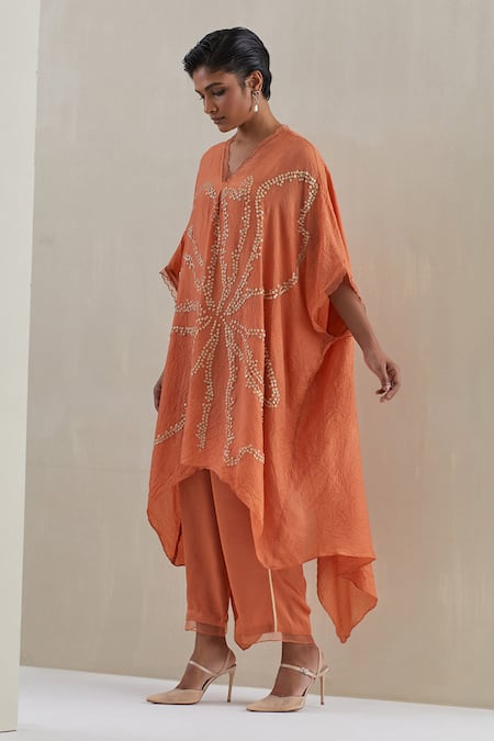 Buy_One Not Two_Orange Kaftan Crushed Silk Hand Embroidered Flower V-neck Set 