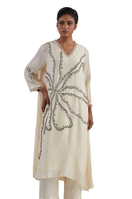 One Not Two_Off White Silk, Satin Embroidery V-neck Hand Asymmetric Kaftan Set _Online_at_Aza_Fashions