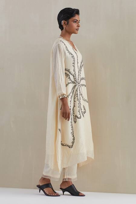 Buy_One Not Two_Off White Silk, Satin Embroidery V-neck Hand Asymmetric Kaftan Set _Online_at_Aza_Fashions