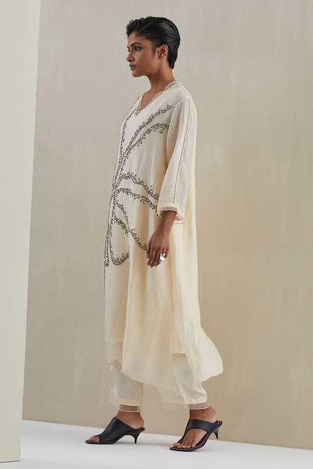 Shop_One Not Two_Off White Silk, Satin Embroidery V-neck Hand Asymmetric Kaftan Set _Online_at_Aza_Fashions