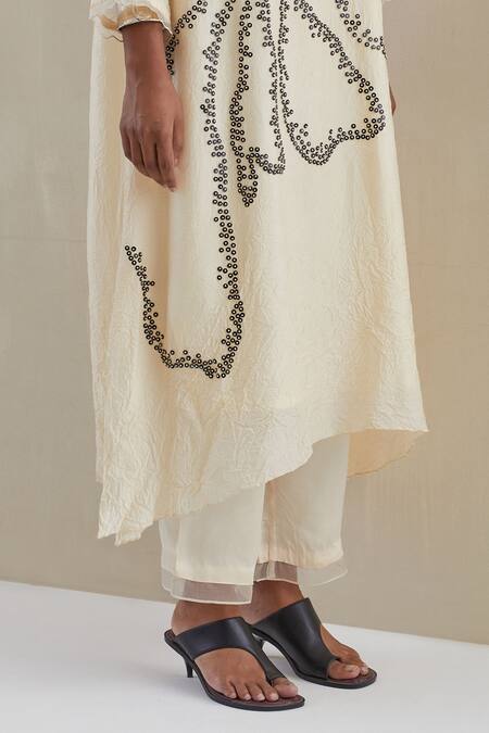 Shop_One Not Two_Off White Silk, Satin Embroidery V-neck Hand Asymmetric Kaftan Set 