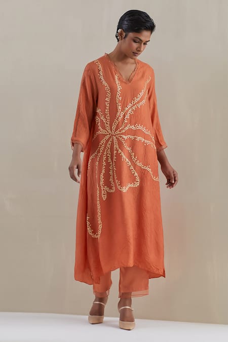 One Not Two Orange Kaftan Crushed Silk Hand Embroidered Flower V-neck Asymmetric Set 