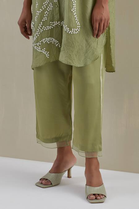 Buy_One Not Two_Green Shirt Kurta Crushed Silk Hand Embroidered Flower Collared Set _Online_at_Aza_Fashions