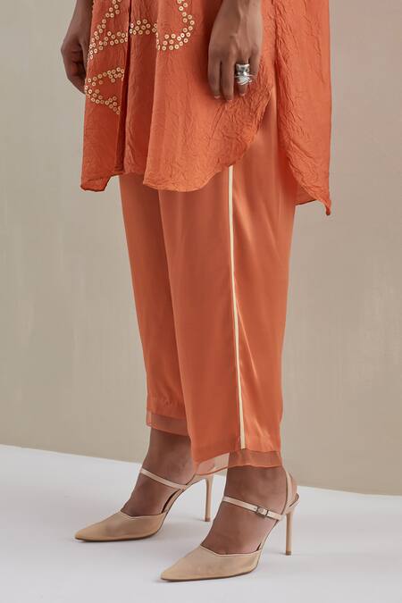 Buy_One Not Two_Orange Shirt Kurta Crushed Silk Hand Embroidered Flower Collared And Pant Set _Online_at_Aza_Fashions