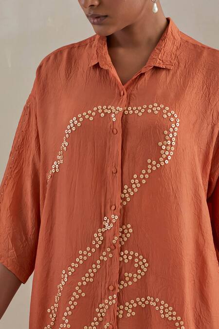 Shop_One Not Two_Orange Shirt Kurta Crushed Silk Hand Embroidered Flower Collared And Pant Set _Online_at_Aza_Fashions
