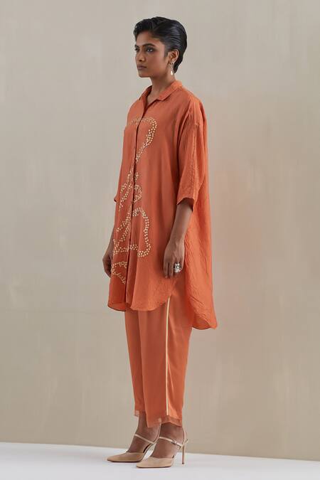 One Not Two_Orange Shirt Kurta Crushed Silk Hand Embroidered Flower Collared And Pant Set _at_Aza_Fashions