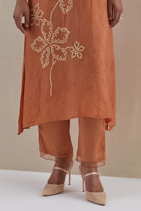 One Not Two_Orange Kurta Crushed Silk Hand Embroidered Floral V-neck Set _Online_at_Aza_Fashions