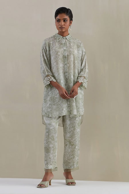 One Not Two Floral Print Shirt Kurta With Pant 