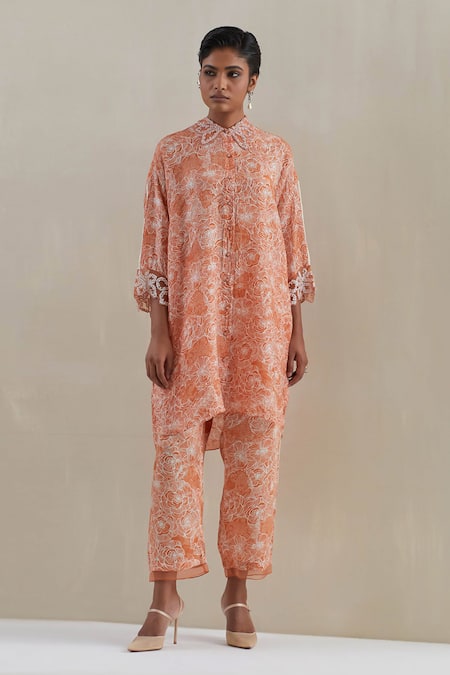 One Not Two Orange Shirt Kurta Crushed Silk Embroidered Sequins Floral Print And Pant Set 