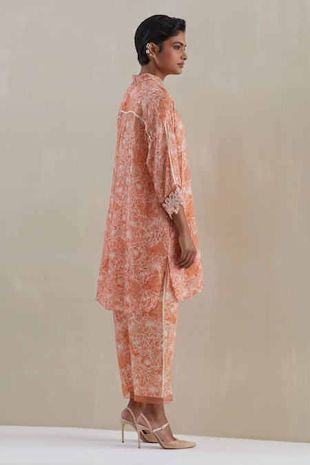 Shop One Not Two Orange Shirt Kurta Crushed Silk Embroidered Sequins Floral And Pant Set at Aza Fashions Shop_One Not Two_Orange Shirt Kurta Crushed Silk Embroidered Sequins Floral And Pant Set _at_Aza_Fashions