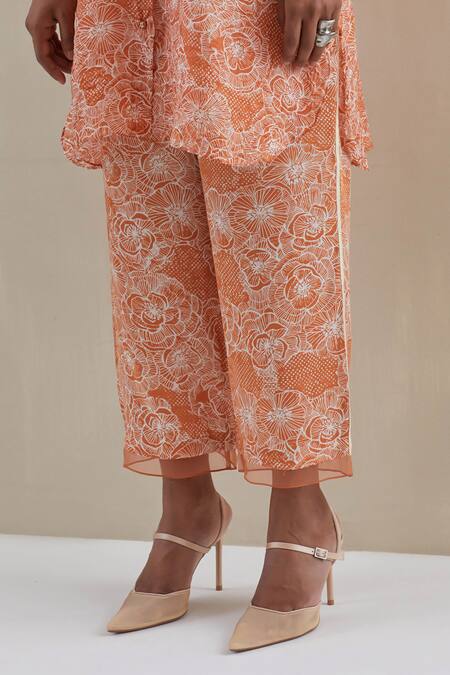 One Not Two Orange Shirt Kurta Crushed Silk Embroidered Sequins Floral And Pant Set Online at Aza Fashions One Not Two_Orange Shirt Kurta Crushed Silk Embroidered Sequins Floral And Pant Set _Online_at_Aza_Fashions